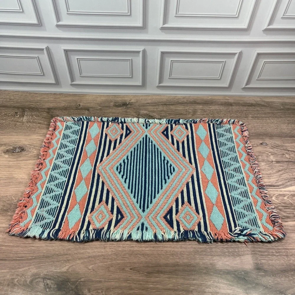 Southwestern Fringed Woven Placemats Set of 2 Blue Coral Geometric Reversable